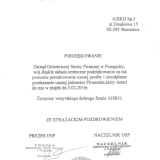 Podziękowanie od Zarządu Ochotniczej Straży Pożarnej w Przegędzy