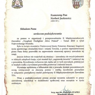 Podziękowanie za pomoc w organizacji i przeprowadzeniu II Międzynarodowych Zawodów „Toughest Fireﬁghter Alive Poland