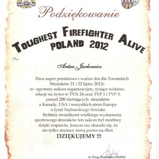 Podziękowanie za pomoc w organizacji i przeprowadzeniu IV Międzynarodowych Zawodów „Toughest Fireﬁghter Alive Poland