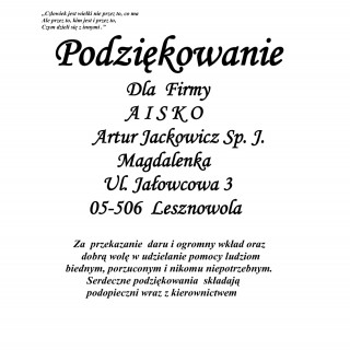 Podziękowanie od Stowarzyszenia Pomocy Bliźniemu „MAR-KOT”