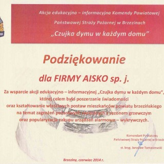 Podziękowanie od Komendy Powiatowej Państwowej Straży Pożarnej w Brzezinach