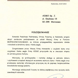 Podziękowanie od Komendy Powiatowej Państwowej Straży Pożarnej w Radomsku