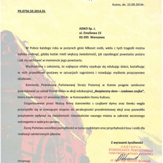 Podziękowanie od Komendy Powiatowej Państwowej Straży Pożarnej w Kutnie