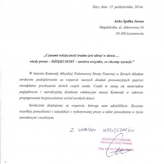 Podziękowanie od Komendy Miejskiej Państwowej Straży Pożarnej w Żorach