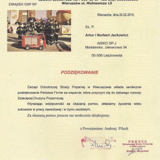 Podziękowanie od Dziecięcej Drużyriy Pożarniczej Ochotniczej Straży Pożarnej w Wieruszowie
