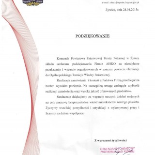 Podziękowanie od Komendy Powiatowej Państwowej Straży Pożarnej w Żywcu
