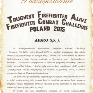 Podziękowanie za pomoc w organizacji VII Międzynarodowych Mistrzostw Firefighter Combat Challenge i Toughest Firefighter Alive Poland 2015