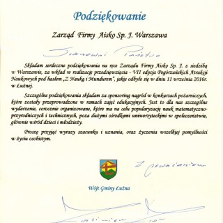 Podziękowanie od Wójta Gminy Łużna