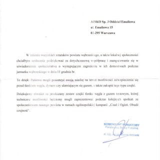 Podziękowanie od Komendy Powiatowej Państwowej Straży Pożarnej w Wąbrzeźnie