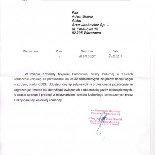 Podziękowanie od  Komendy Miejskiej Państwowej Straży Pożarnej w Kielcach