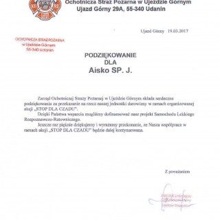 Podziękowanie od Zarządu Ochotniczej Straży Pożarnej w Ujeździe Górnym