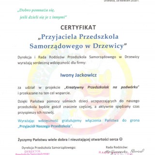 Podziękowanie - Certyfikat „Przyjaciela Przedszkola Samorządowego w Drzewicy