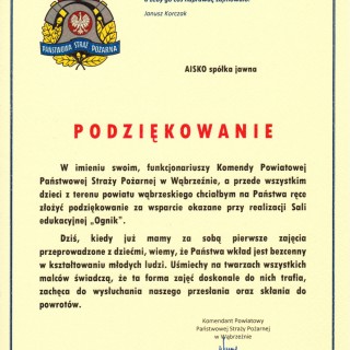 Podziękowanie od Komendanta Powiatowego Państwowej Straży Pożarnej w Wąbrzeźnie