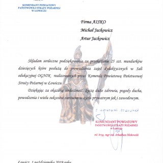 Podziękowanie od Komendanta Powiatowego Państwowej Straży Pożarnej w Łowiczu