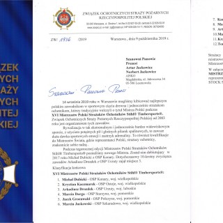 Podziękowanie od Związku Ochotniczych Straży Pożarnych Rzeczypospolitej Polskiej