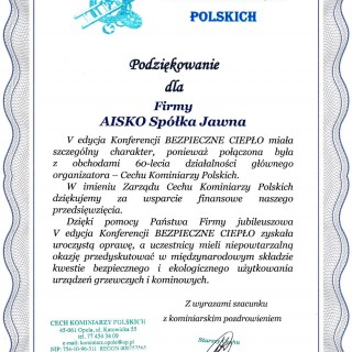 Podziękowanie od Cechu Kominiarzy Polskich - V edycja Konferencji Bezpieczne Ciepło