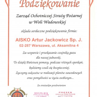 Podziękowanie od Zarządu Ochotniczej Straży Pożarnej w Woli Wadowskiej za wsparcie i przekazanie czujnika gazu