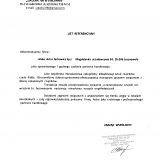 Referencje - Wspólnota Mieszkaniowa ,,Szkolna 79b w Jabłonnie