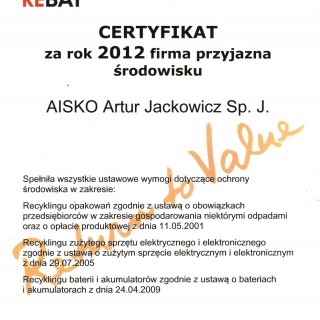 Certyfikat  - firma przyjazna środowisku
