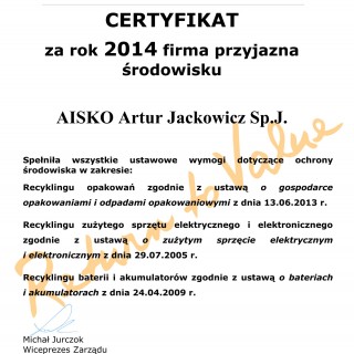 Certyfikat  - firma przyjazna środowisku